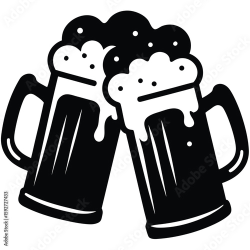 Two frothy beer mugs clinking foam bubbles
