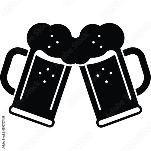 Two frothy beer mugs clinking drink beverage