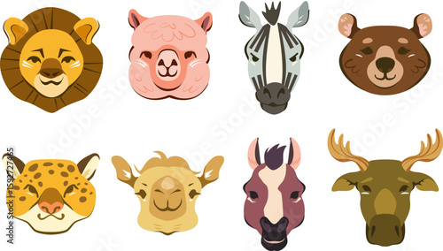 Set of cute cartoon adorable animals face including lion, leopard, bear, camel, alpaca, horse, zebra and moose.