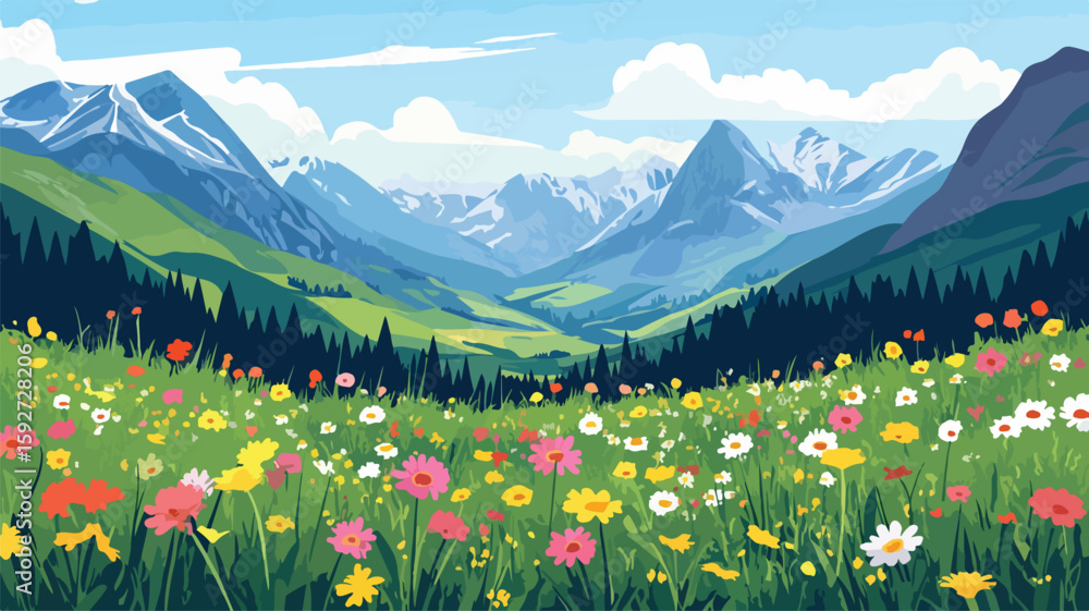 Fototapeta premium Alpine Mountain Valley with Colorful Wildflowers Landscape