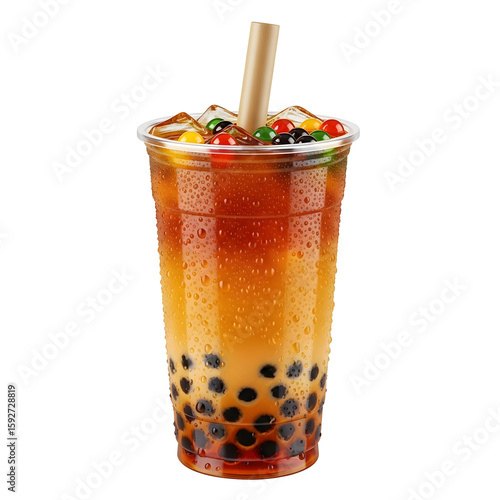 Iced Bubble Tea with Colorful Boba and Straw.
