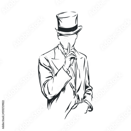 Elegant figure in a top hat with a secretive gesture for design use