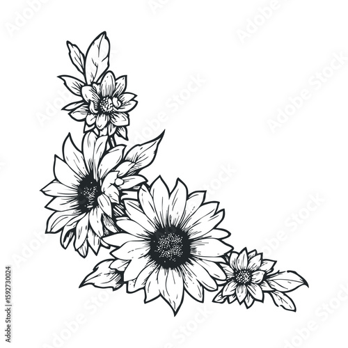 Floral corner design featuring sunflowers and blossoms for decoration
