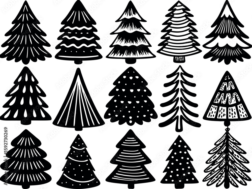 Obraz premium A charming collection of diverse hand drawn christmas trees perfect for festive holiday graphic design projects