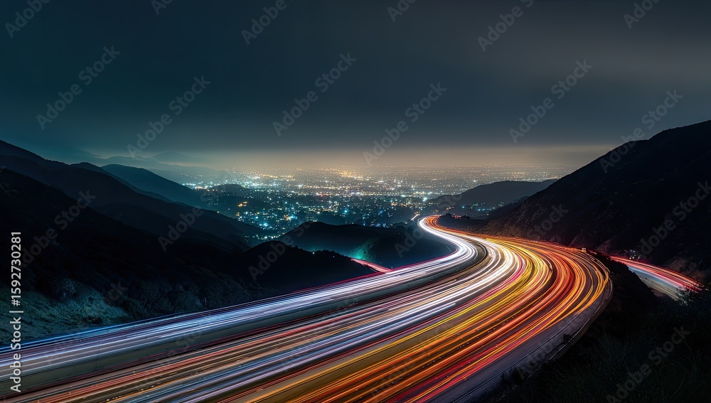 Fototapeta premium Night highway curves into city lights