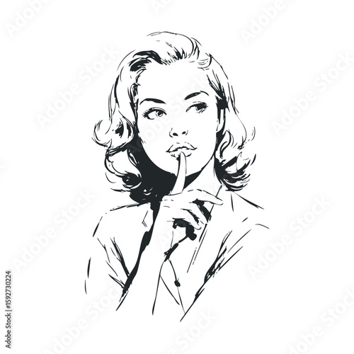 Elegant woman with finger on lips expressing a secretive gesture