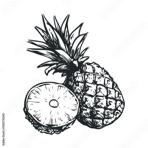 Fresh pineapple and cut fruit on a light background