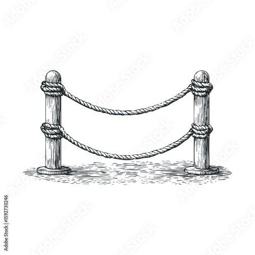 Rustic barrier made of wooden posts and rope for outdoor events