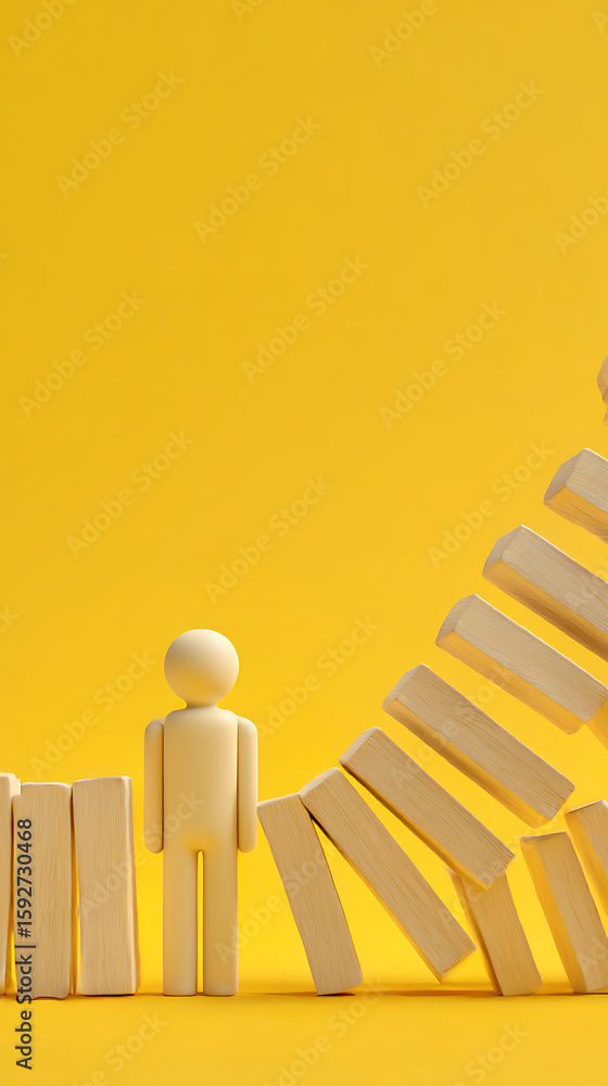 © Rakib - Figure standing amidst falling dominoes wood