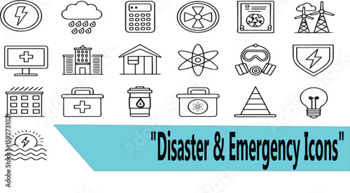 "Minimal Emergency & Disaster Icons – Fire, Flood, Earthquake Safety Vector Set"
