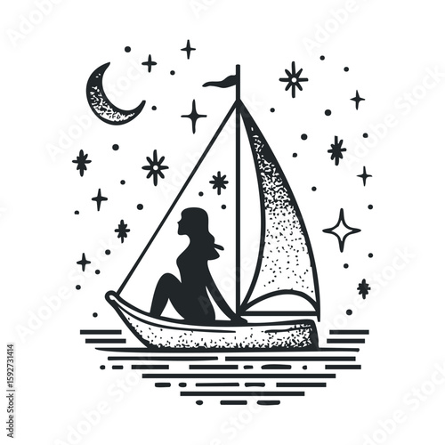 Sailing under a starry night with a calm sea and crescent moon