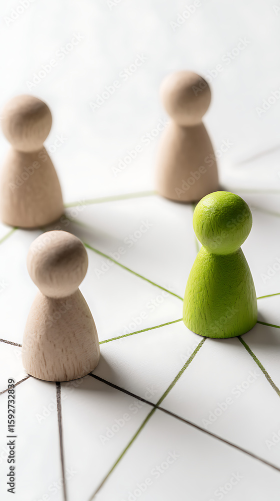 Obraz premium Four connected wooden figures on a white surface connection network