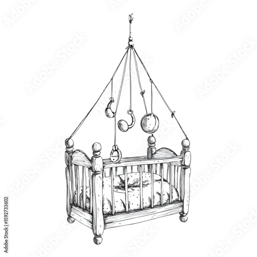 Vintage baby crib toy sketch illustration