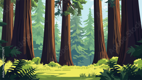 Majestic Redwood Forest with Towering Trees - Simple Flat Design