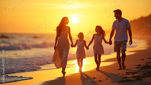 Fototapeta Naklejka Na Ścianę i Meble -  Family walking on beach at sunset for parents' day