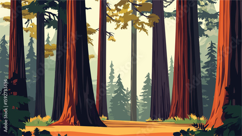 Majestic Redwood Forest with Towering Trees - Simple Flat Design