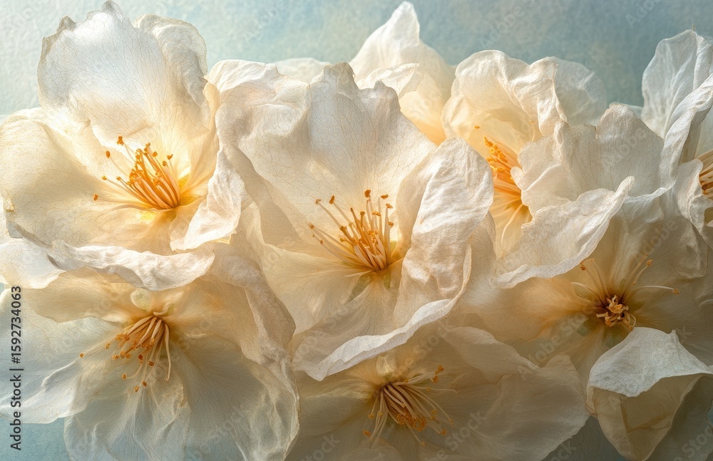 Obraz premium Delicate cherry flowers bloom against bokeh background - white spring blossoms in golden sunset light