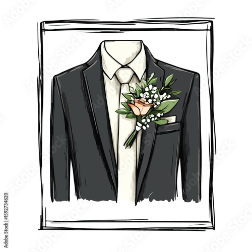 Elegant hand-drawn boutonniere on men's suit