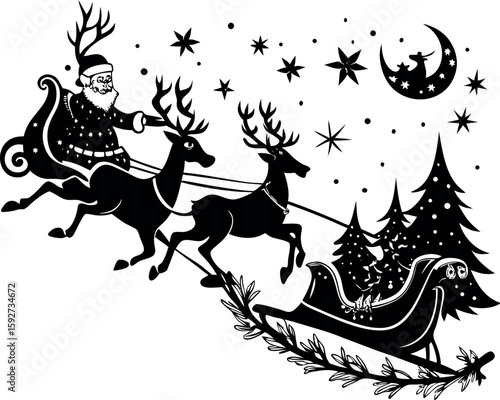 Santa Claus is riding a sleigh with reindeer in the night sky vector design