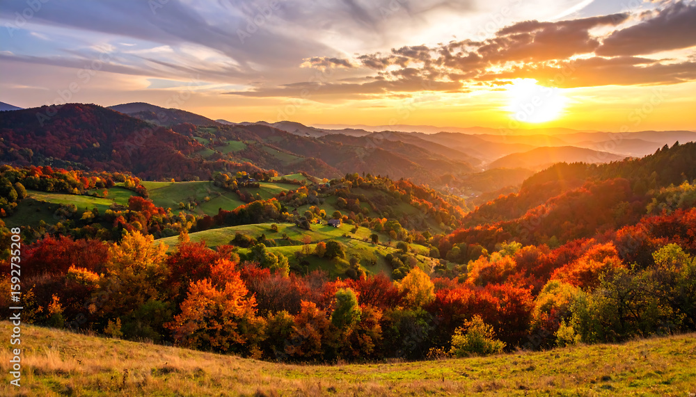 Obraz premium Autumn Sunset Landscape: Vibrant Fall Foliage & Rolling Hills Photography