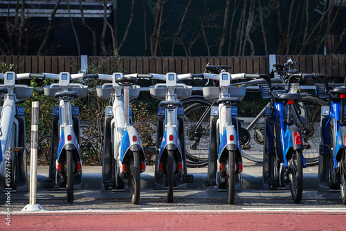 City bikes lined up in a bike rack