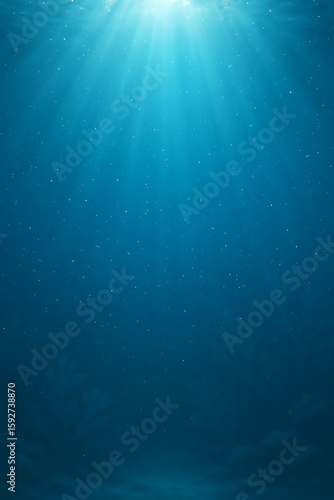 Sunlight pierces the depths of the ocean, creating a serene and captivating underwater seascape with light rays and diffused particles.