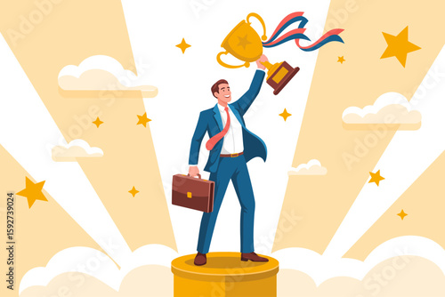 Triumphant Achievement: A confident figure, businessperson celebrates success by raising the trophy high, embodying the culmination of hard work and dedication, basking in the glow of accomplishment.