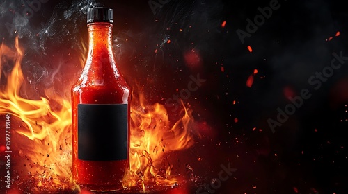 Hot sauce bottle surrounded by fire with chili peppers