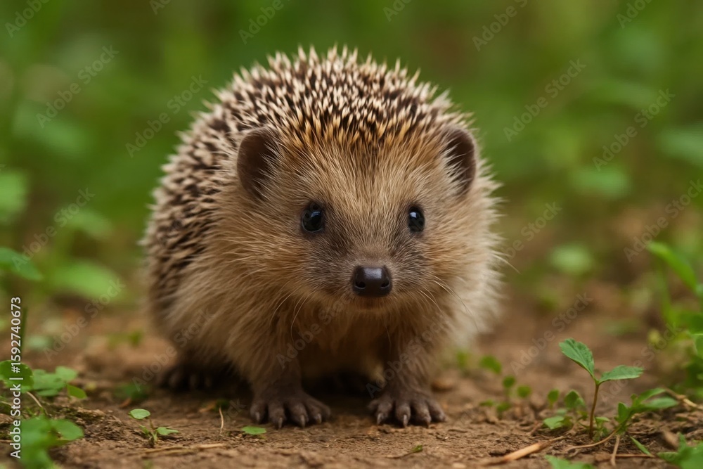 A curious hedgehog surveys its verdant garden, eyes reflecting the soft light of nature A curious hedgehog surveys its verdant garden, eyes reflecting the soft light of nature
