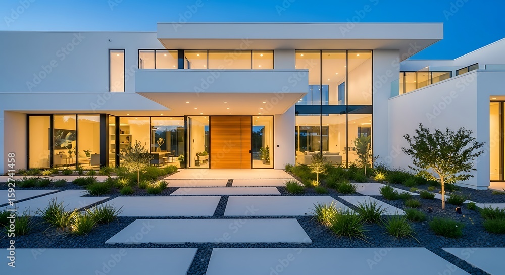 Obraz premium Modern luxury home entrance with dramatic architectural design