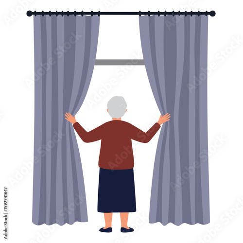 Elderly woman closing curtains in a cozy indoor setting, white background, vector  