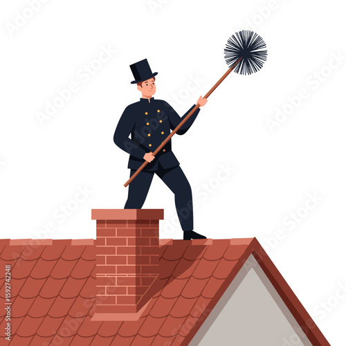 Chimney sweep cleaning chimney on house rooftop wearing top hat, transparent background, vector  