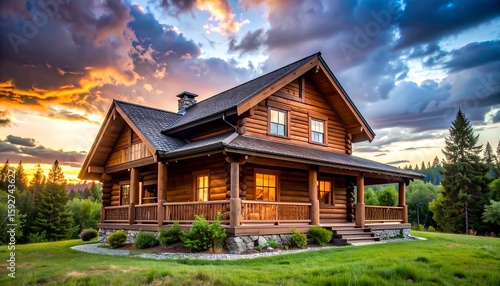 Log cabin at sunset