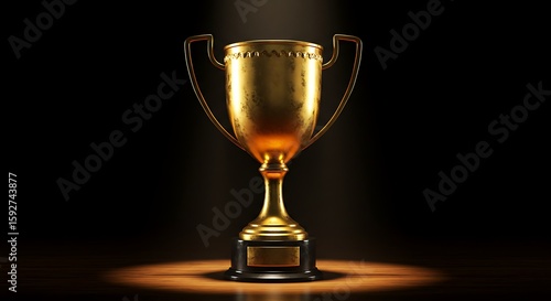 A golden trophy shines under a spotlight on a wooden surface