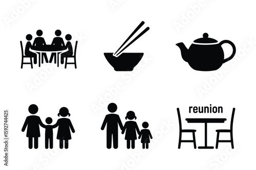 Family gathering at table with food and drink reunion chairs