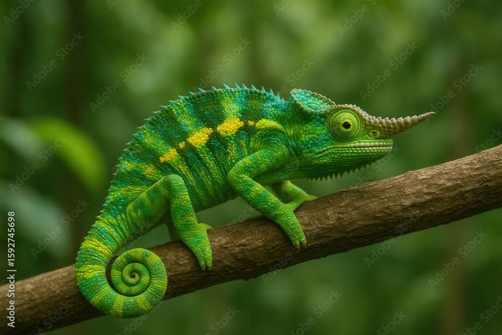 A vibrant green chameleon with a distinctive horned crest perches on a sturdy branch amidst lush greenery, showcasing its natural camouflage and agility A vibrant green chameleon with a distinctive horned crest perches on a sturdy branch amidst lush greenery, showcasing its natural camouflage and agility