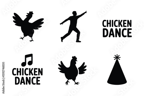 Chicken dance silhouettes with music note and party hat dancing