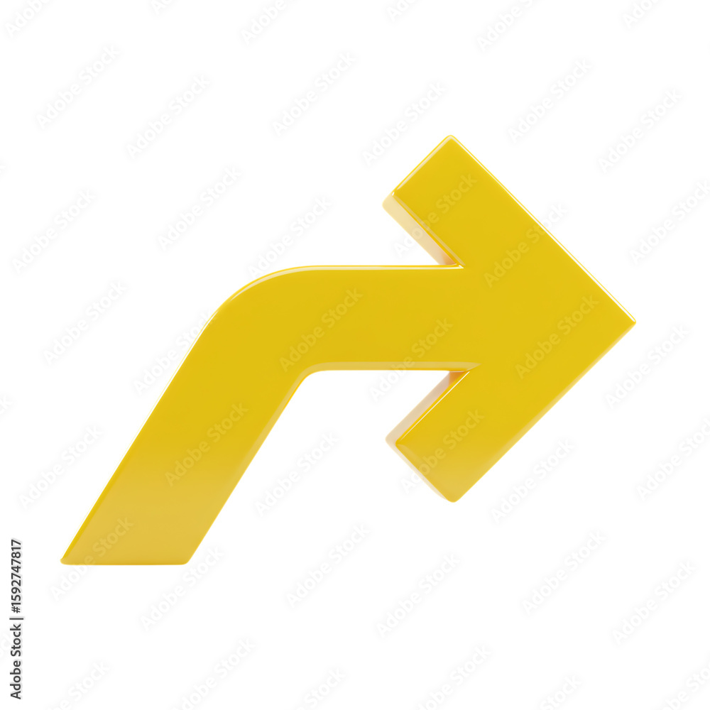 A bright yellow arrow curves upwards and to the right, isolated on transparent background, showing a change in direction transparent background A bright yellow arrow curves upwards and to the right, isolated on transparent background, showing a change in direction transparent background