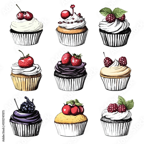 Hand-drawn Cupcake Sketch Set