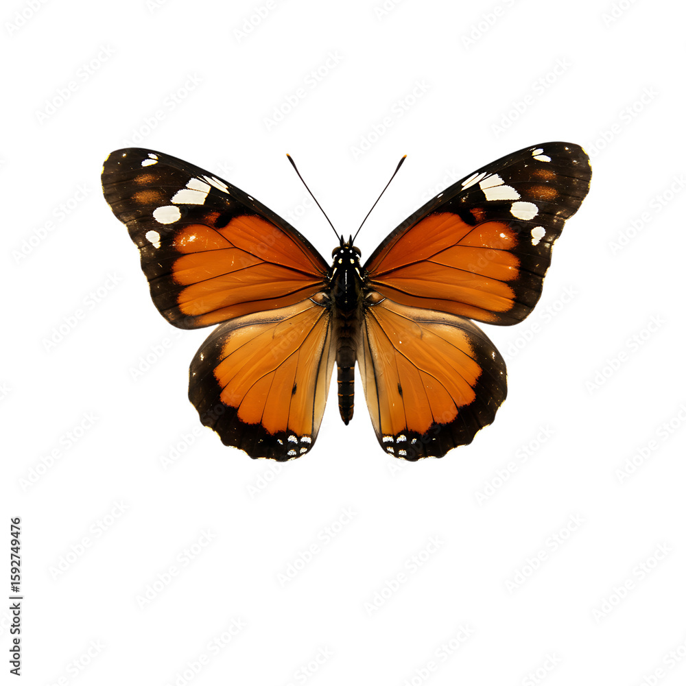 Fototapeta premium A beautiful monarch butterfly with orange and black wings is isolated on transparent background transparent background