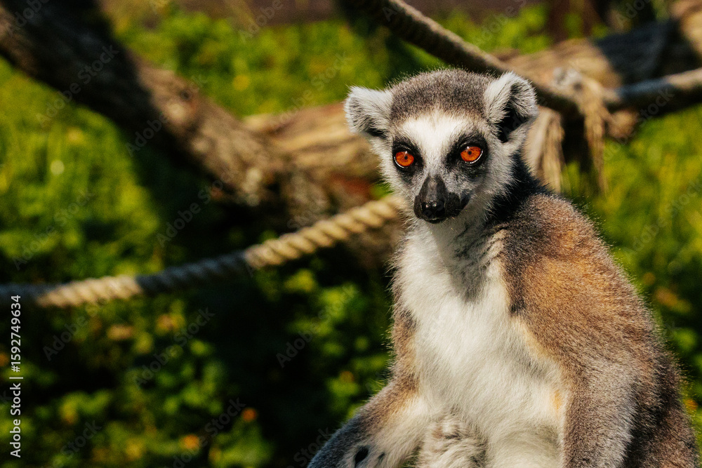 Fototapeta premium A ring-tailed lemur sits upright with arms extended, appearing relaxed or meditative in a sunny outdoor setting.