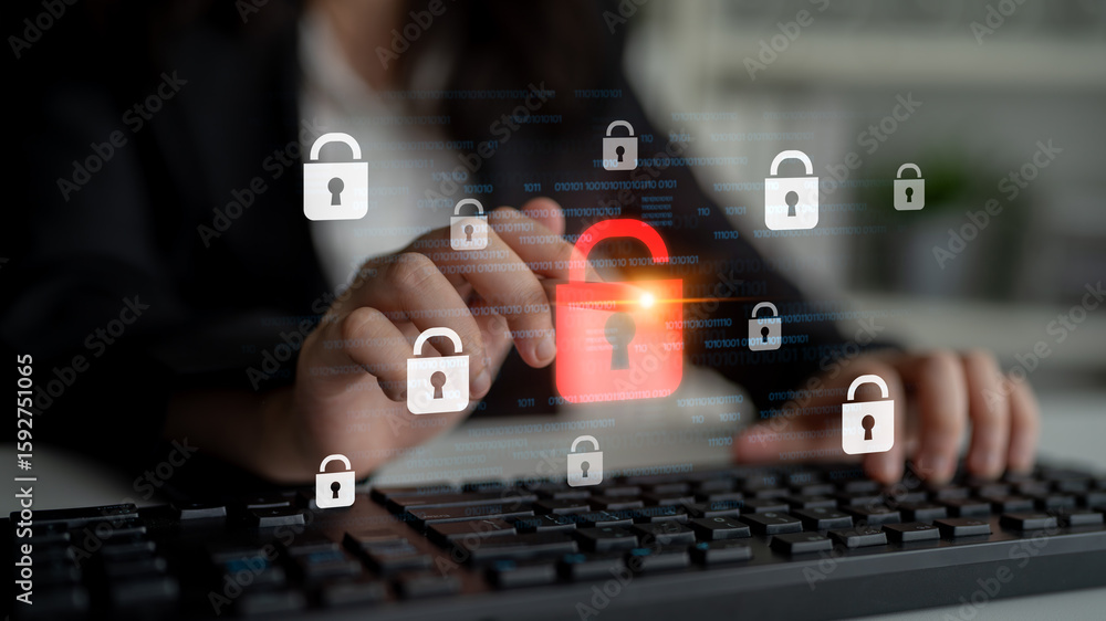 Naklejka premium Digital security concept illustrating a cybersecurity breach, with a red unlocked padlock indicating data exposure among secure systems, emphasizing system vulnerability and risk Latch