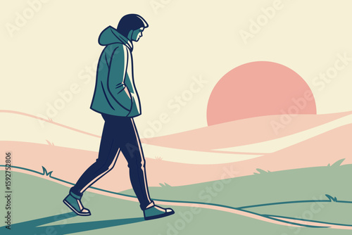 A lone figure walks toward the horizon as the sun rises, embracing a new day with hope, modern flat illustration style