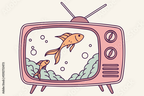 A pink vintage TV turned into an aquarium with goldfish leaping through bubbles creates a fantastical scene, modern flat illustration style