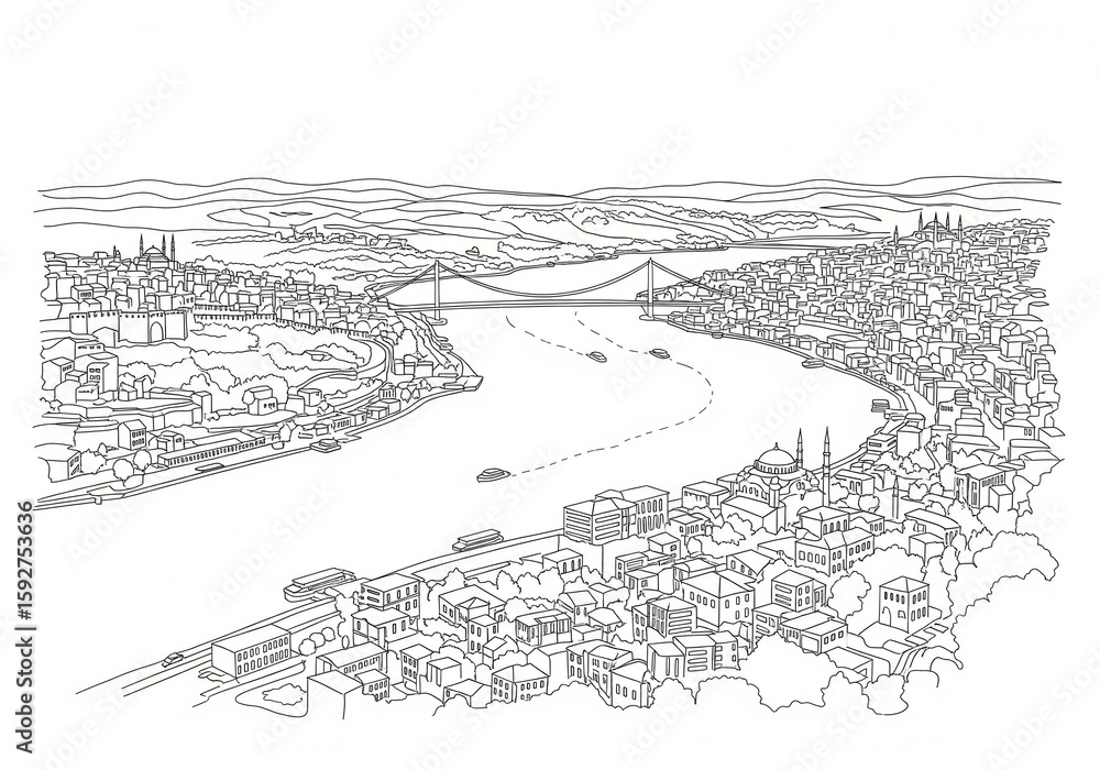 Fototapeta premium Bosphorus Strait (Boğaziçi) in Istanbul one line drawing style