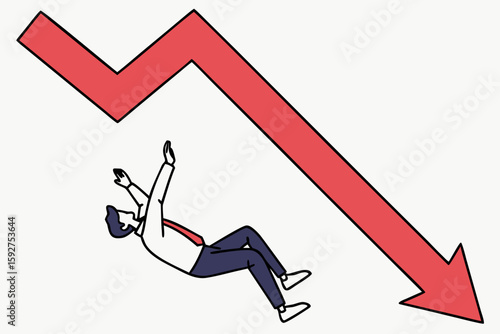A red arrow topples a falling figure, symbolizing business crisis and economic downturn in a stark visual, modern flat illustration style