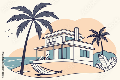 A beachside villa with hammocks and palm trees exudes luxury and relaxation, truly living large, modern flat illustration style