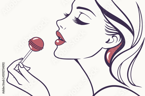 A close-up of a seductive woman enjoying a lollipop with bold lips and lashes, exuding allure, modern flat illustration style