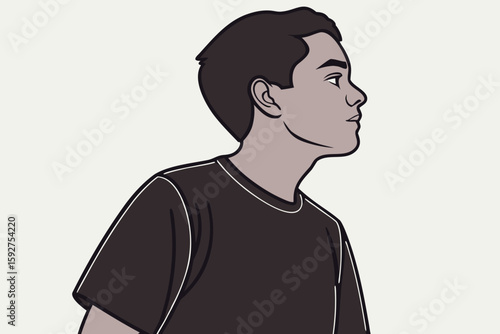 A confident young man in a black t-shirt stares seriously into the camera in a studio portrait, modern flat illustration style