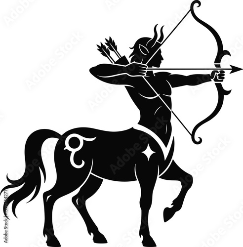 Black and white sagittarius zodiac sign illustration ready to fire an arrow with bow